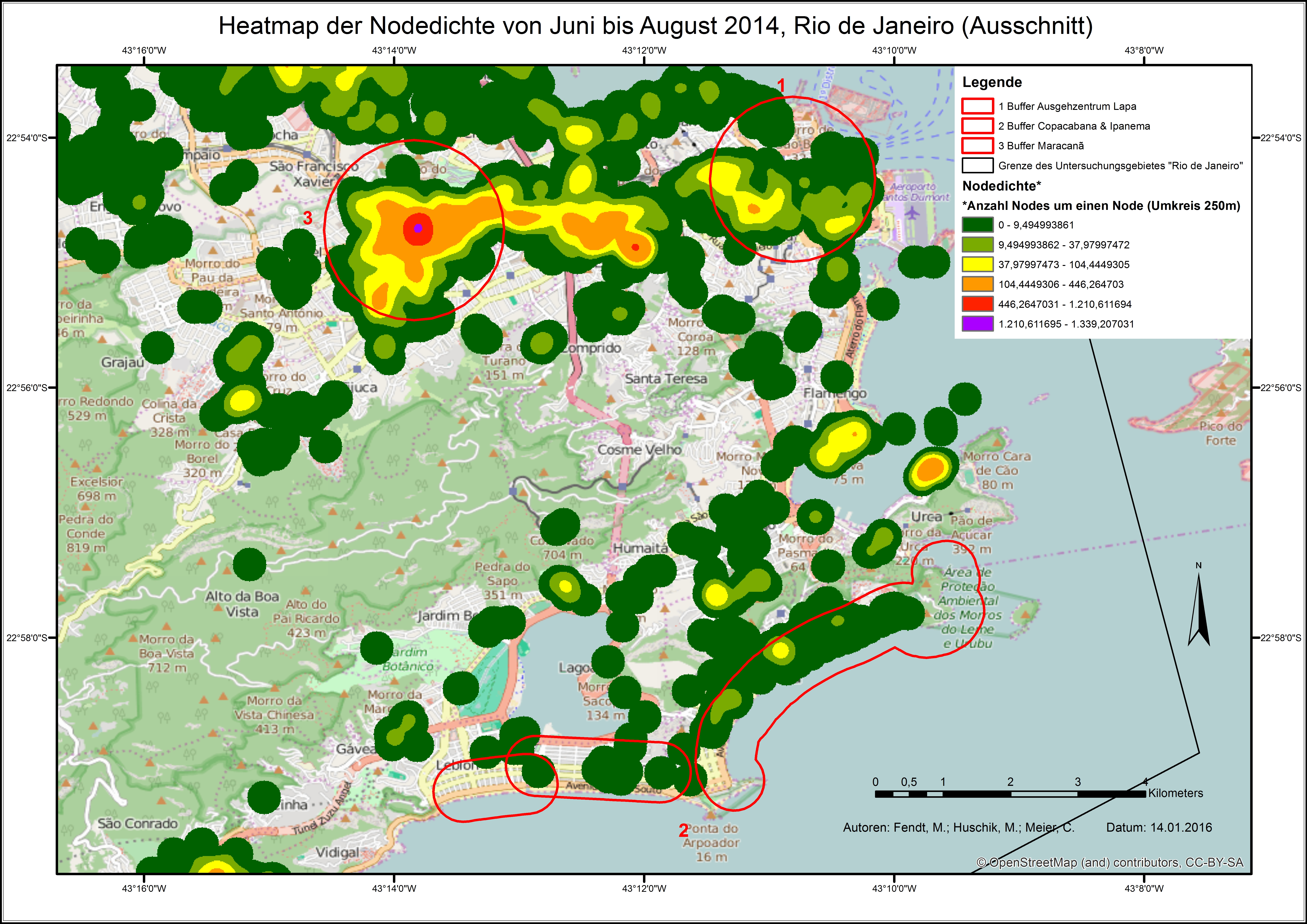 Karte 2: Dichte der eingetragenen Nodes im Teilzeitraum Juni-August. Ausschnitt mit Fokus auf touristische Zonen (eigene Darstellung 2015).