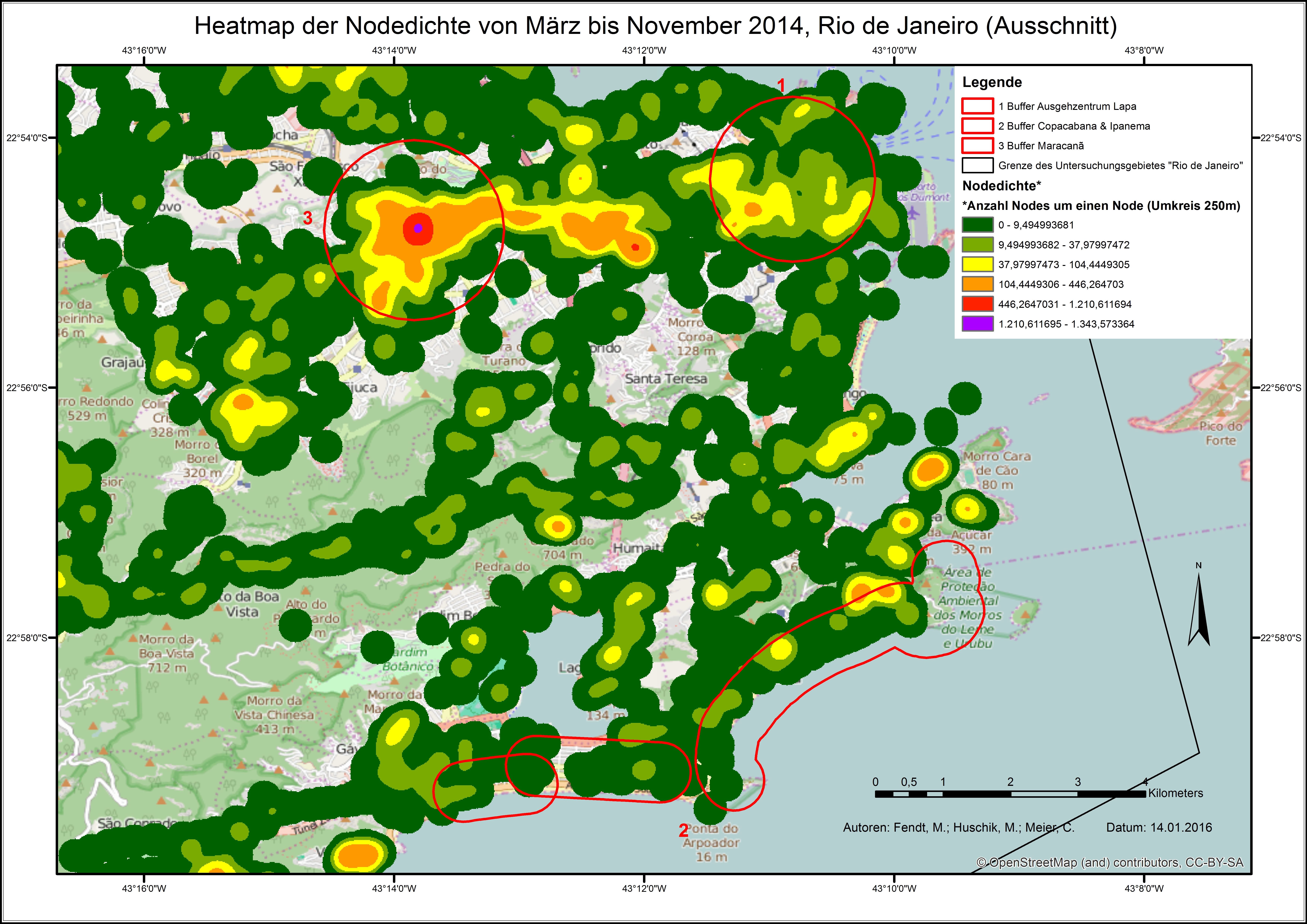 Karte 3: Dichte der eingetragenen Nodes im gesamten Untersuchungszeitraum März-November. Ausschnitt mit Fokus auf touristische Zonen (eigene Darstellung 2015).
